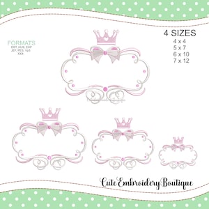 May include: Four embroidery designs of a princess crown with a bow and a decorative frame. The designs are available in four sizes: 4x4, 5x7, 6x10, and 7x12 inches. The text "Cute Embroidery Boutique" is at the bottom of the image.