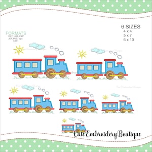 May include: A collection of blue and red train embroidery designs with six size options: 4x4, 5x7, and 6x10 inches. Each train features a red roof, blue body, and brown wheels, with sun and cloud accents. The text "Cute Embroidery Boutique" is also visible.