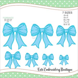 May include: A digital design featuring seven sizes of light blue bows. The image includes the text "7 SIZES" with dimensions in inches, and the text "Cute Embroidery Boutique". Formats include DST, HUS, EXP, JEF, PES, Vp3, and XXX.