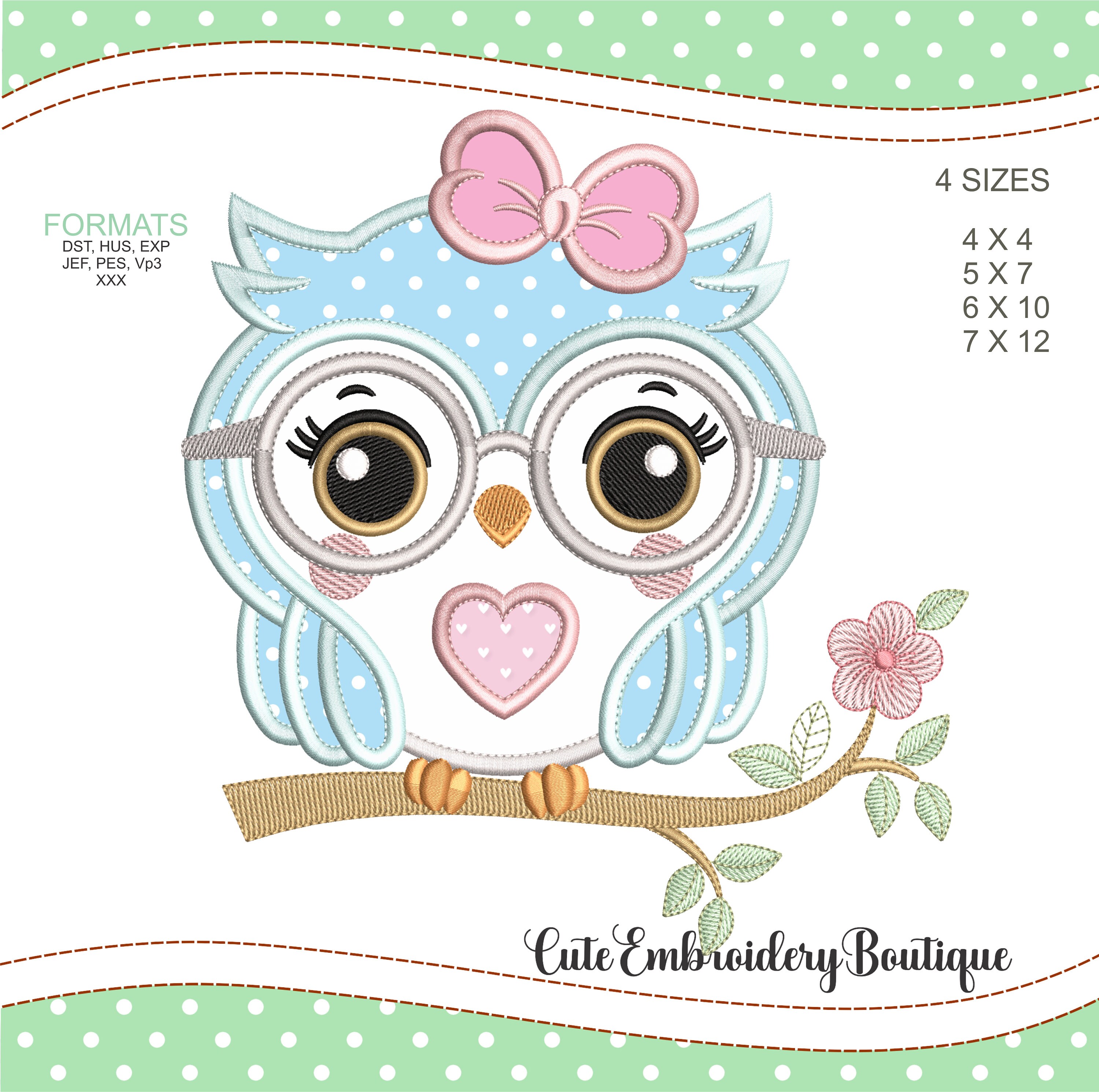 CUTE OWL Applique Embroidery Design, Girl Applique