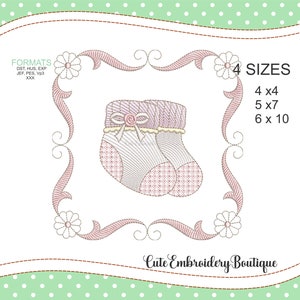 May include: Embroidered baby booties with a pink and white design. The booties are surrounded by a pink and white floral border. The text "4 SIZES" is in the upper right corner of the image. The text "4 x 4", "5 x 7", and "6 x 10" are listed below the text "4 SIZES". The text "Cute Embroidery Boutique" is in the lower center of the image.