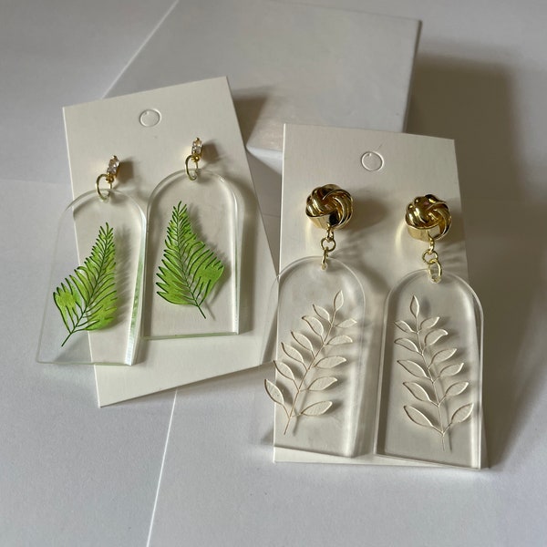 Window Pane Dangle Floral Leaf Earrings Acrylic Jewelry Dangle Gift for Her