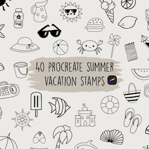 Summer Vacation Procreate Stamps, Procreate stamp set, Procreate vacation stamps, Procreate doodles, Procreate brushes, summer stamp bundle