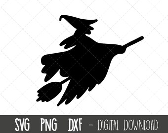 Witch svg, witch silhouette svg, halloween svg, witch hat svg, flying witch broomstick png, dxf, halloween cricut silhouette svg cut files