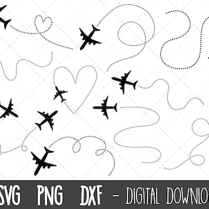 Pacchetto SVG aereo, Fascio percorso aereo File PNG per macchine da taglio, clipart digitale, percorso aereo, percorso cardiaco, linee tratteggiate, linee tratteggiate