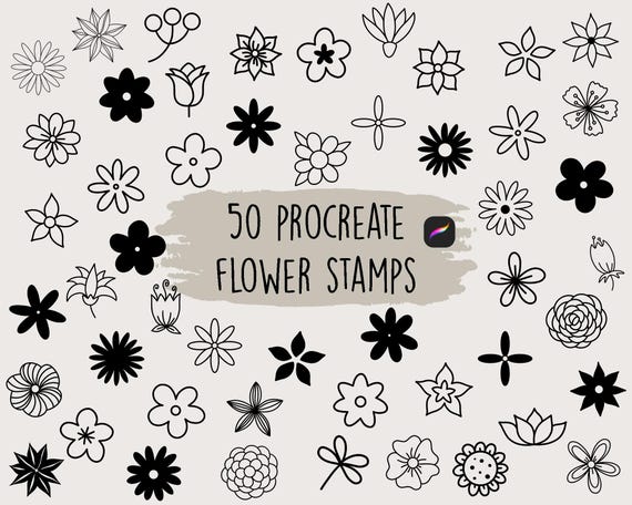 Procreate Flower Stamps, Procreate stamp set, procreate flower brushes, Procreate doodles, botanical floral stamps, 50 flower stamp bundle
