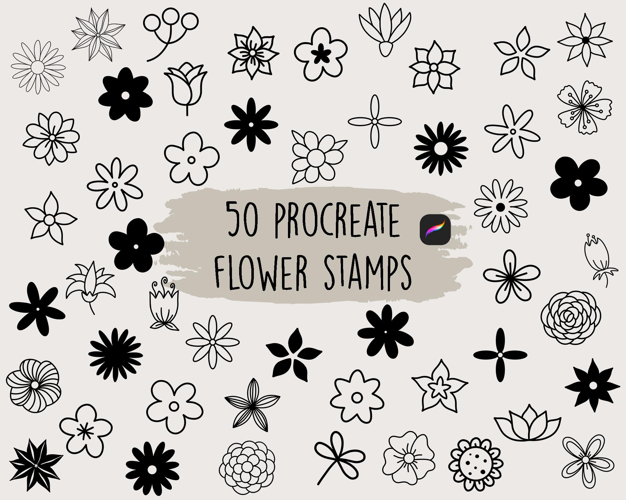 Procreate Flower Stamps, Procreate stamp set, procreate flower brushes, Procreate doodles, botanical floral stamps, 50 flower stamp bundle
