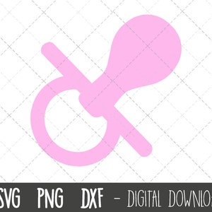 May include: A pink baby pacifier with a round ring and a nipple shaped like a teardrop.