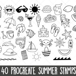 Zomervakantie Procreate Stamps, Procreate stempelset, Procreate vakantiezegels, Procreate doodles, Procreate penselen, zomerstempelbundel