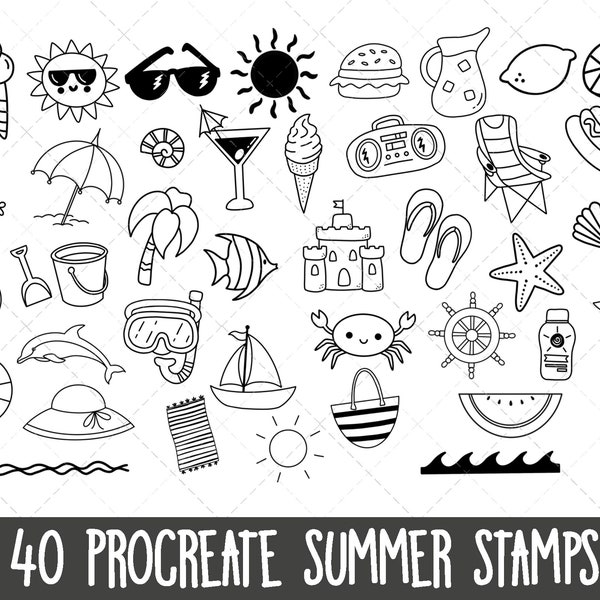 Summer Vacation Procreate Stamps, Procreate stamp set, Procreate vacation stamps, Procreate doodles, Procreate brushes, summer stamp bundle