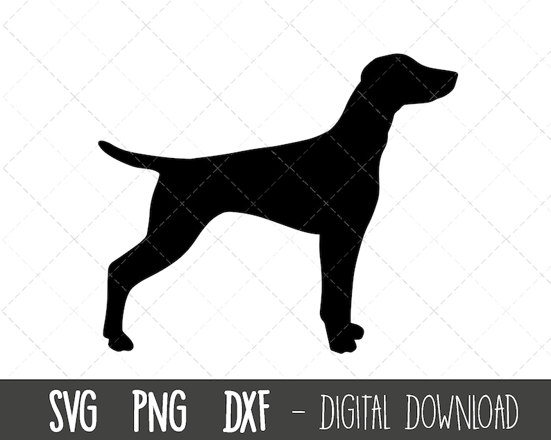 May include: Black silhouette of a dog standing on a white background.