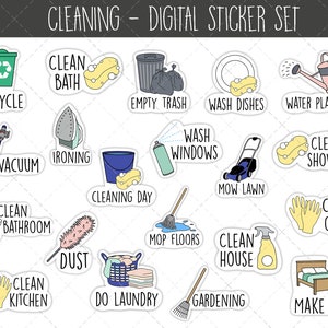 Cleaning Digital Stickers, GoodNotes Stickers, Pre-cropped Digital Planner Stickers, Chores and Cleaning Digital Planner Stickers bundle