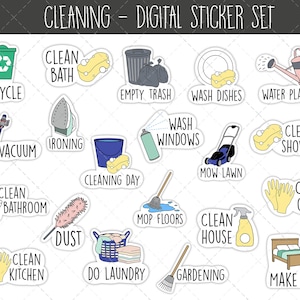 Cleaning Digital Stickers, GoodNotes Stickers, Pre-cropped Digital Planner Stickers, Chores and Cleaning Digital Planner Stickers bundle