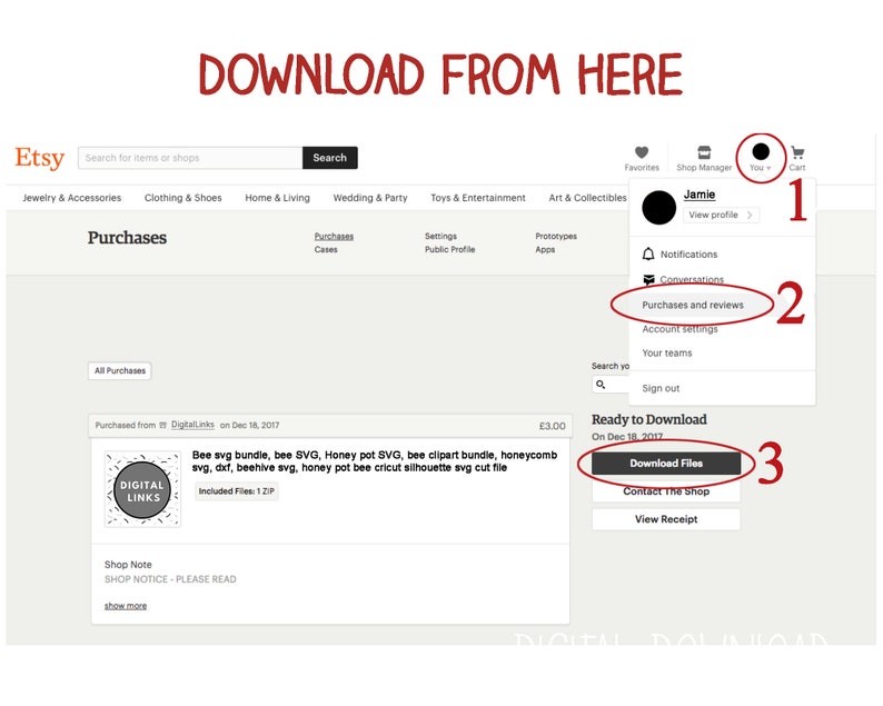 Puede incluir: Captura de pantalla de una p&aacute;gina de confirmaci&oacute;n de compra de Etsy que muestra un bot&oacute;n de descarga para un paquete de archivos SVG de abejas. El bot&oacute;n de descarga est&aacute; etiquetado como "Descargar archivos" y est&aacute; rodeado de un c&iacute;rculo rojo con el n&uacute;mero 3. La p&aacute;gina tambi&eacute;n muestra la fecha de compra, el nombre de la tienda y el nombre del producto. El producto es un paquete de archivos SVG de abejas, que incluye una variedad de archivos SVG con tem&aacute;tica de abejas.