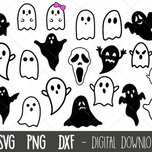 以下が含まれることがあります： 白黒の漫画の幽霊のイラストのコレクション。怒った表情の幽霊もいれば、笑顔やリボンの幽霊もいます。画像には「SVG PNG DXF - DIGITAL DOWNLOAD」というテキストが含まれています。