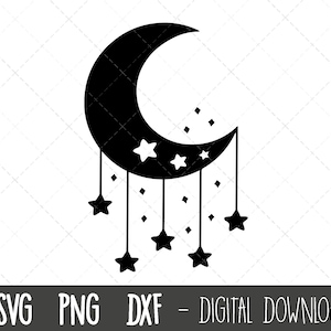 Maan en sterren svg clipart, Maan svg, ster svg, ster silhouet, kinderkamer clipart, maan en ster png, maanster cricut silhouet gesneden bestand