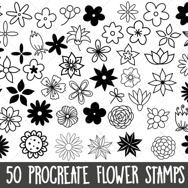 Procreate Flower Stamps, Procreate stamp set, procreate flower brushes, Procreate doodles, botanical floral stamps, 50 flower stamp bundle