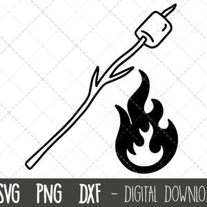 May include: Black and white line art illustration of a marshmallow on a stick over a campfire. The marshmallow is round and has a slightly textured surface. The stick is thin and has a pointed end. The campfire is represented by a stylized flame with a rounded shape.