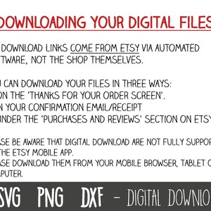 May include: Text on a white background explaining how to download digital files from Etsy. The text includes the words 'DOWNLOADING YOUR DIGITAL FILES', 'SVG', 'PNG', 'DXF', and 'DIGITAL DOWNLOAD'.