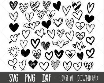 Hart svg, hart doodles svg, hart silhouet, hart clipart, hart svg bundel, silhouet, valentijn cricut gesneden vijlen, harten snijden vijlen