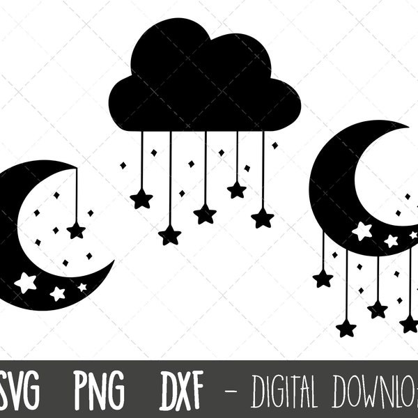 Moon and stars svg bundle, moon svg, star svg, star silhouette svg, moon and star clipart, moon and star png cricut silhouette cut file