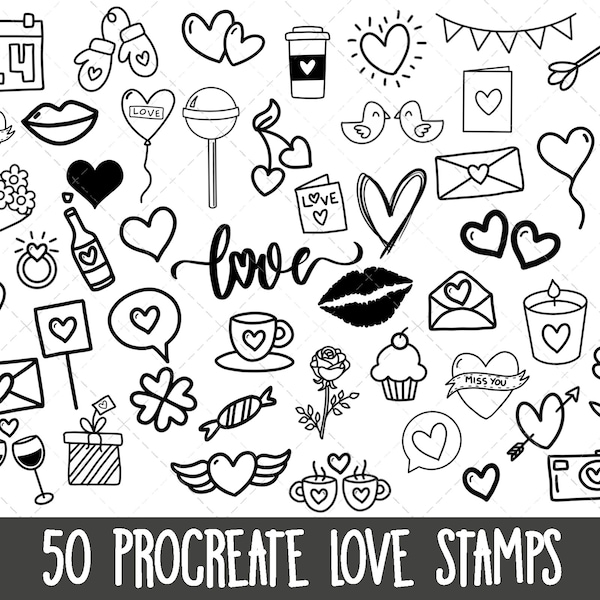 Procreate Love Stamps, Procreate Valentines stamps, Procreate hearts, heart stamps, Procreate doodles, Procreate brushes, heart stamp bundle