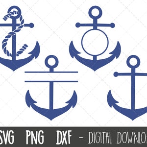 Könnte beinhalten: Vier verschiedene blaue Ankerdesigns. Der erste Anker hat ein Seil um sich gewickelt. Der zweite Anker hat einen Kreis in der Mitte. Der dritte Anker hat eine Linie in der Mitte. Der vierte Anker ist ein einfaches Design.