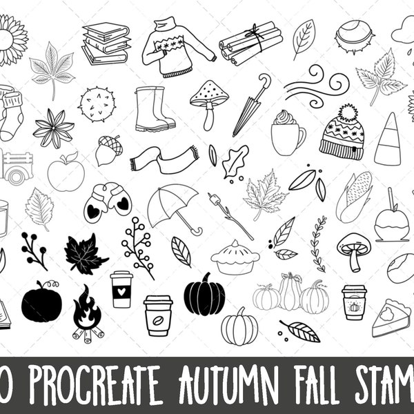 Procreate Fall Stamps, Procreate autumn fall bundle, Procreate cosy fall stamps set, Procreate doodles, Procreate brushes, autumn fall stamp