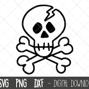 Puede incluir: Ilustración en blanco y negro de una calavera y huesos cruzados. La calavera tiene una grieta.