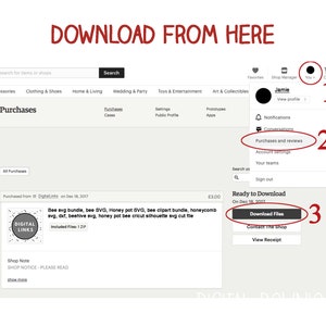 May include: Screenshot of an Etsy purchase confirmation page showing a download button for a bee SVG bundle. The download button is labeled "Download Files" and is circled in red with the number 3. The page also shows the purchase date, the name of the shop, and the name of the product. The product is a bee SVG bundle, which includes a variety of bee-themed SVG files.