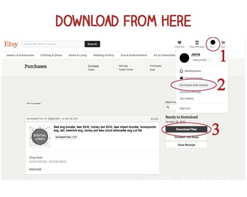 May include: Screenshot of an Etsy purchase confirmation page showing a download button for a bee SVG bundle. The download button is labeled "Download Files" and is circled in red with the number 3. The page also shows the purchase date, the name of the shop, and the name of the product. The product is a bee SVG bundle, which includes a variety of bee-themed SVG files.