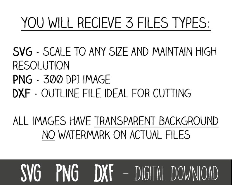 Puede incluir: Texto que dice "YOU WILL RECIEVE 3 FILES TYPES:" seguido de "SVG - SCALE TO ANY SIZE AND MAINTAIN HIGH RESOLUTION", "PNG - 300 DPI IMAGE" y "DXF - OUTLINE FILE IDEAL FOR CUTTING". El texto contin&uacute;a con "ALL IMAGES HAVE TRANSPARENT BACKGROUND NO WATERMARK ON ACTUAL FILES". El texto en la parte inferior dice "SVG PNG DXF - DIGITAL DOWNLOAD".