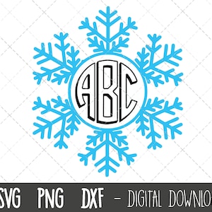 May include: A blue snowflake design with a circle in the center that has the letters ABC in black.