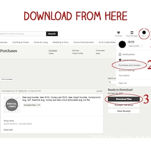 May include: Screenshot of an Etsy purchase confirmation page showing a download button for a bee SVG bundle. The download button is labeled "Download Files" and is circled in red with the number 3. The page also shows the purchase date, the name of the shop, and the name of the product. The product is a bee SVG bundle, which includes a variety of bee-themed SVG files.