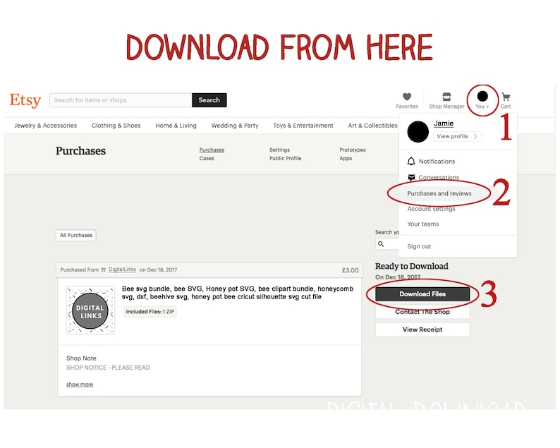 May include: Screenshot of an Etsy purchase confirmation page showing a download button for a bee SVG bundle. The download button is labeled "Download Files" and is circled in red with the number 3. The page also shows the purchase date, the name of the shop, and the name of the product. The product is a bee SVG bundle, which includes a variety of bee-themed SVG files.