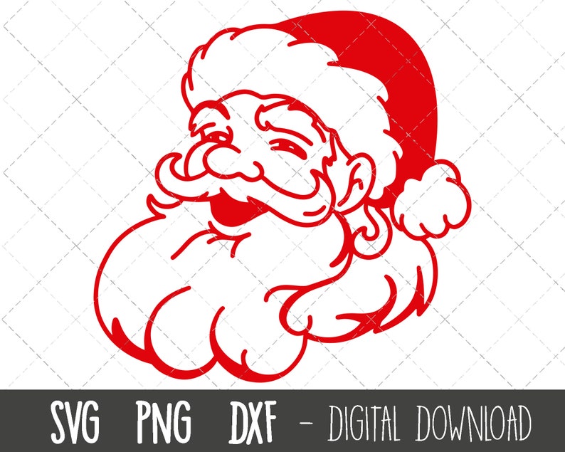 May include: Red and white cartoon illustration of Santa Claus with a jolly expression. He is wearing a red hat with a white trim and a white beard.
