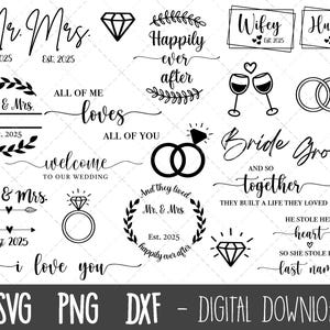 Wedding SVG bundle, mr and mrs svg, 2025 wedding svg clipart, hubby wifey svg, bride groom svg, split monogram, cricut silhouette cut file