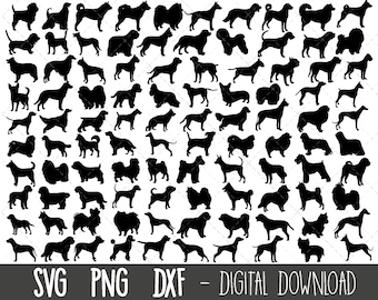 Bundle de silhouette SVG de race de chien, svg de race de chien, clipart de silhouette de chien, png de contour de chien de compagnie, 100 races de chien, fichier de coupe svg silhouette cricut