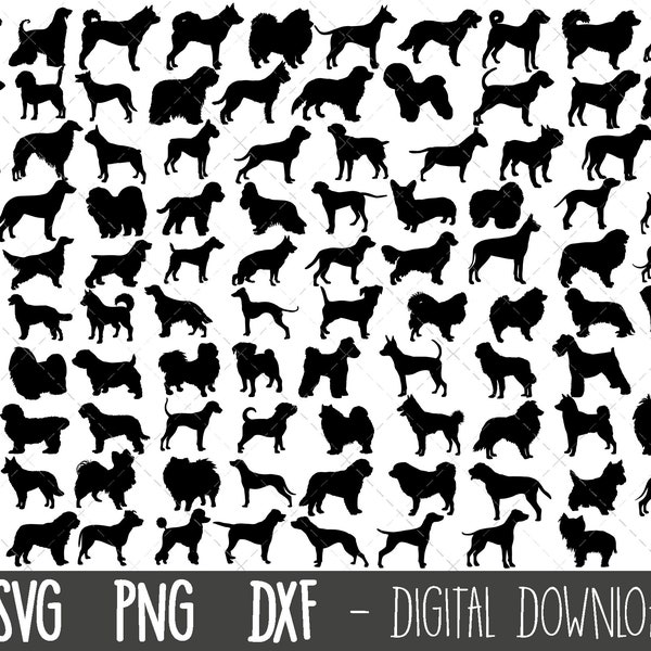 Dog breed SVG silhouette bundle, dog breed svg, dog silhouette clipart, pet dog outline png, 100 dog breeds, cricut silhouette svg cut file