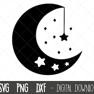 Maan en sterren svg clipart, Maan svg, ster svg, ster silhouet, kwekerij clipart, maan en ster png, maan ster cricut silhouet gesneden bestand