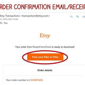 May include: An Etsy order confirmation email with the text "Your order from RusticFarmChick is ready to download!" and a button that says "View your files on Etsy". The order number is 2344981659.