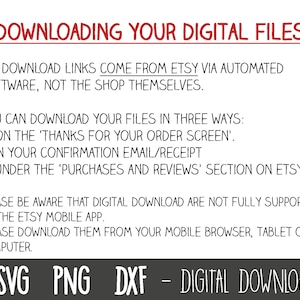 May include: Text on a white background explaining how to download digital files from Etsy. The text includes the words 'DOWNLOADING YOUR DIGITAL FILES', 'SVG', 'PNG', 'DXF', and 'DIGITAL DOWNLOAD'.