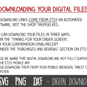 Puede incluir: Texto sobre un fondo blanco que explica c&oacute;mo descargar archivos digitales de Etsy. El texto incluye las palabras 'DOWNLOADING YOUR DIGITAL FILES', 'SVG', 'PNG', 'DXF' y 'DIGITAL DOWNLOAD'.