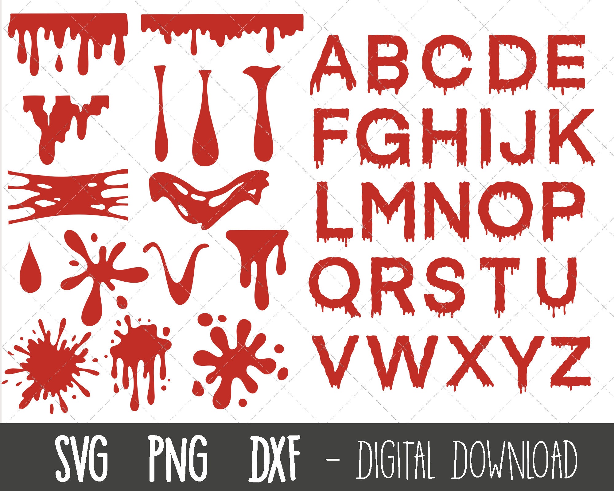 Blood SVG, dripping blood svg bundle, blood clipart, bloody alphabet font, blood splatter silhouette, blood drip svg, blood cricut cut files