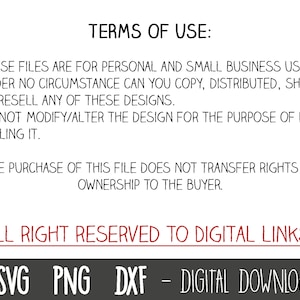 Puede incluir: Texto sobre un fondo blanco con texto negro que describe los t&eacute;rminos de uso para archivos digitales. El texto establece que estos archivos son para uso personal y comercial a peque&ntilde;a escala &uacute;nicamente. El texto tambi&eacute;n establece que los archivos no se pueden copiar, distribuir, compartir o revender. El texto tambi&eacute;n establece que el dise&ntilde;o no se puede modificar o alterar con el prop&oacute;sito de revender. El texto tambi&eacute;n establece que la compra del archivo no transfiere derechos o propiedad al comprador. El texto tambi&eacute;n establece que todos los derechos est&aacute;n reservados a Digital Links. El texto tambi&eacute;n establece que los archivos son una descarga digital. El texto tambi&eacute;n incluye los tipos de archivos SVG, PNG y DXF.