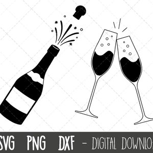 Bottiglia di champagne SVG, bicchieri di champagne svg, celebrazione svg, sughero pop vector, matrimonio svg, festa png, bottiglia silhouette cricut cut files
