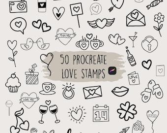 Procreate Love Stamps, Procreate Valentines stamps, Procreate hearts, heart stamps, Procreate doodles, Procreate brushes, heart stamp bundle