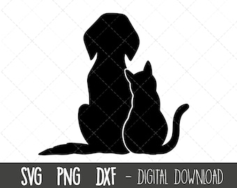 Dog and Cat silhouette SVG, dog cat outline png, dog and cat clipart, pet png, dog cat love friends svg, dog cat cricut silhouette cut file
