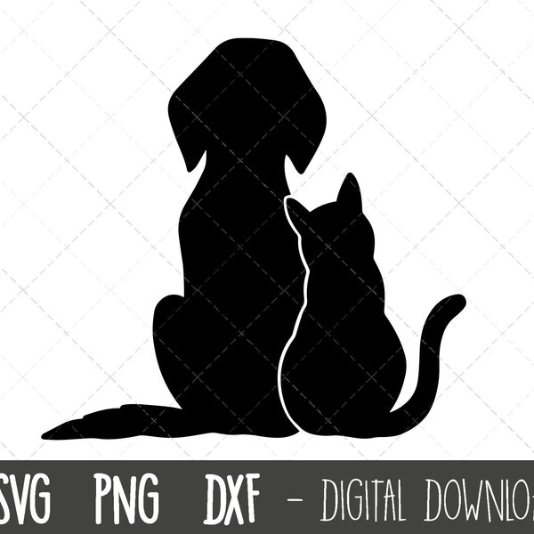 Dog and Cat silhouette SVG, dog cat outline png, dog and cat clipart, pet png, dog cat love friends svg, dog cat cricut silhouette cut file