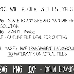 May include: Text that reads "YOU WILL RECIEVE 3 FILES TYPES:" followed by "SVG - SCALE TO ANY SIZE AND MAINTAIN HIGH RESOLUTION", "PNG - 300 DPI IMAGE", and "DXF - OUTLINE FILE IDEAL FOR CUTTING". Below the text is "ALL IMAGES HAVE TRANSPARENT BACKGROUND NO WATERMARK ON ACTUAL FILES" and "SVG PNG DXF - DIGITAL DOWNLOAD".
